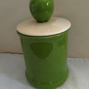 Vintage mcm cookie jar with green apple lid apple green cylinder rare signed
